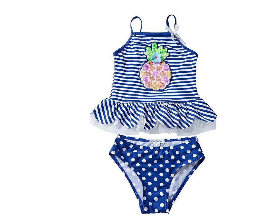 UPF 50 UV Swimwear Sequins Pineapple Embroidery Falbala Striped Dots Printed Vest Ensembles 2 pièces Costumi da Bagno Toddler Girls Clothing - Click Image to Close